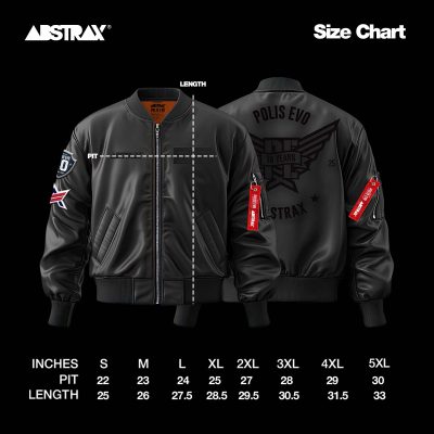 SIZE CHART BOMBER PE ABSTRAX® x POLIS EVO #10YEARS BOMBER JACKET (BLACK) PRE ORDER 2025